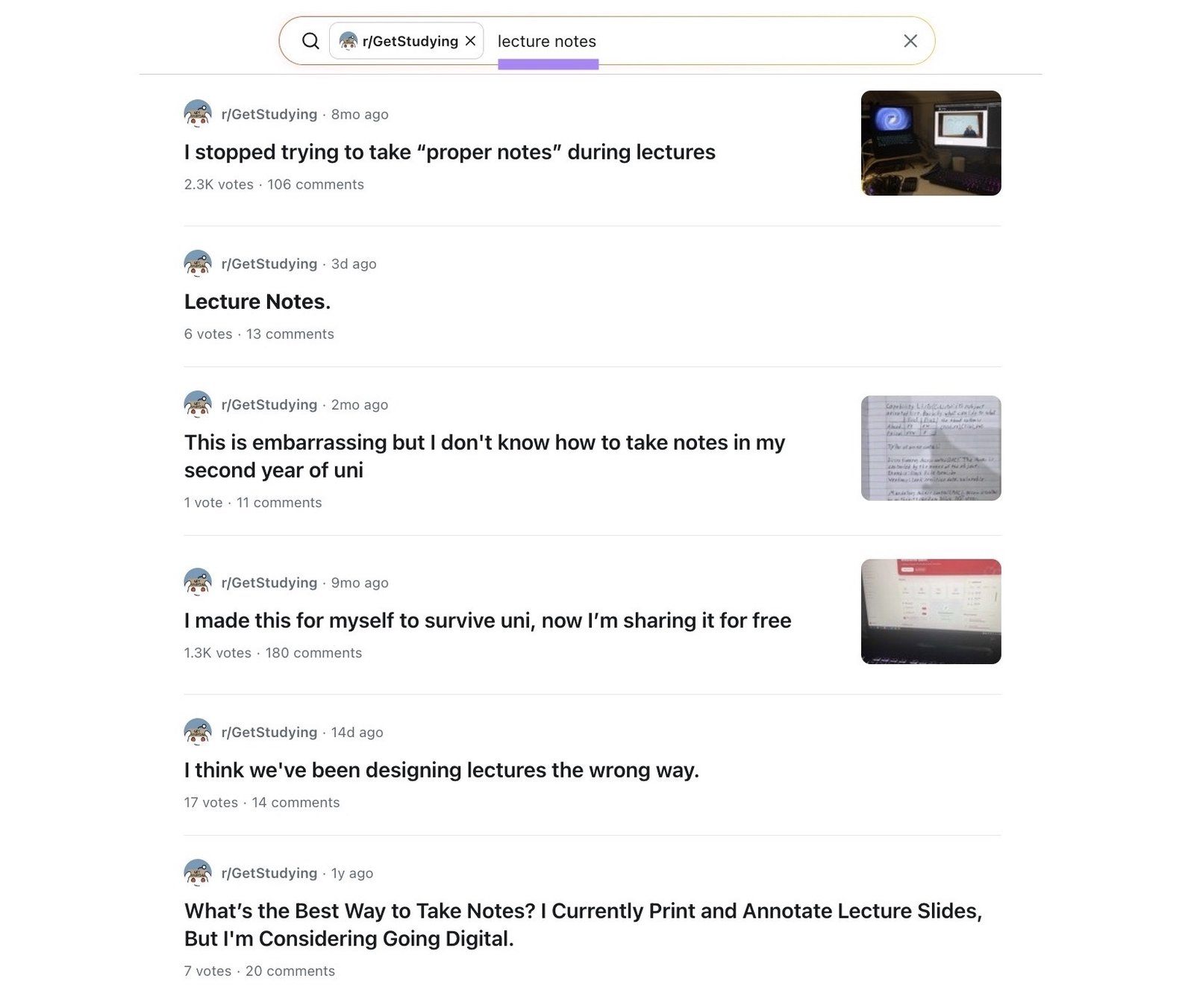 "lecture notes" entered as a search term in the r/GetStudying subreddit which shows a list of relevant discussions.