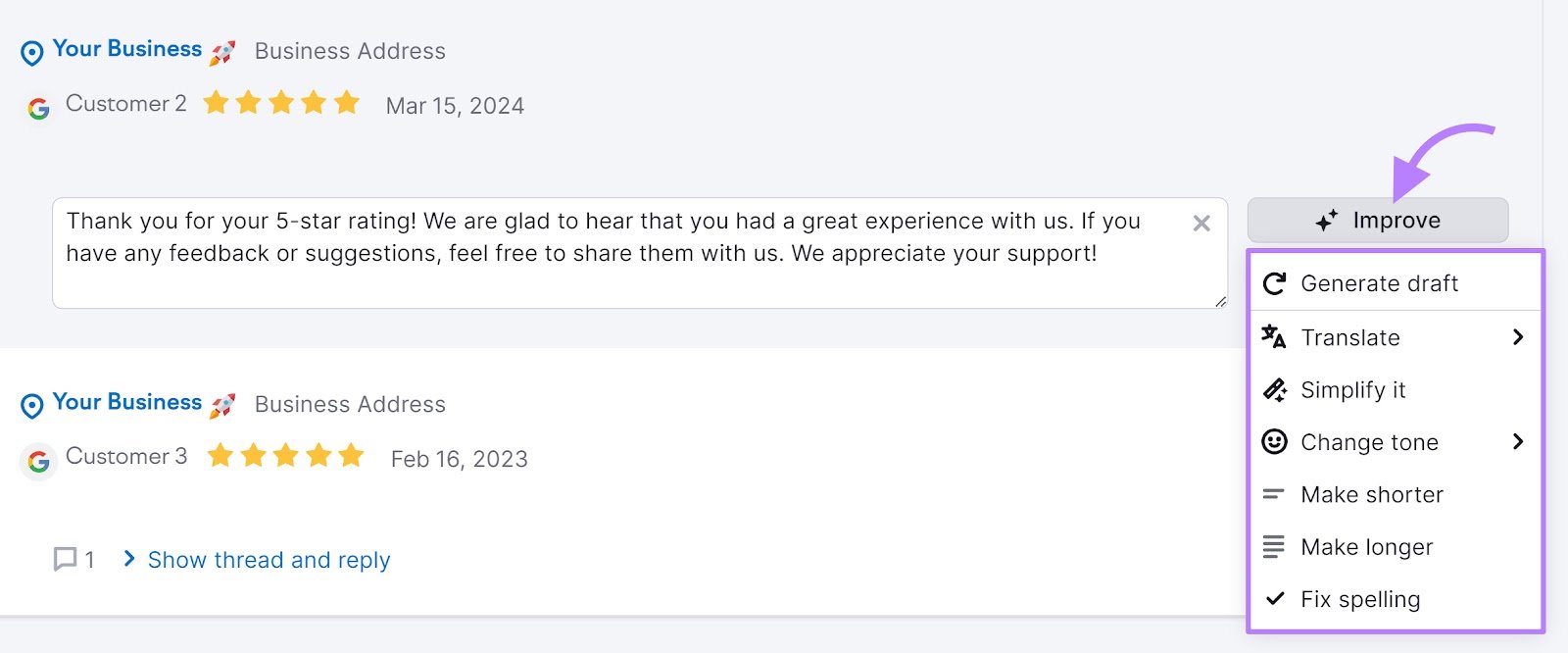Review Management tool with the "Improve" button and dropdown menu highlighted