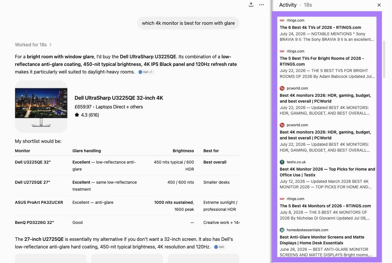 A response to the prompt "which 4k monitor is best for room with glare" on ChatGPT with the sources highlighted on the right-hand side.