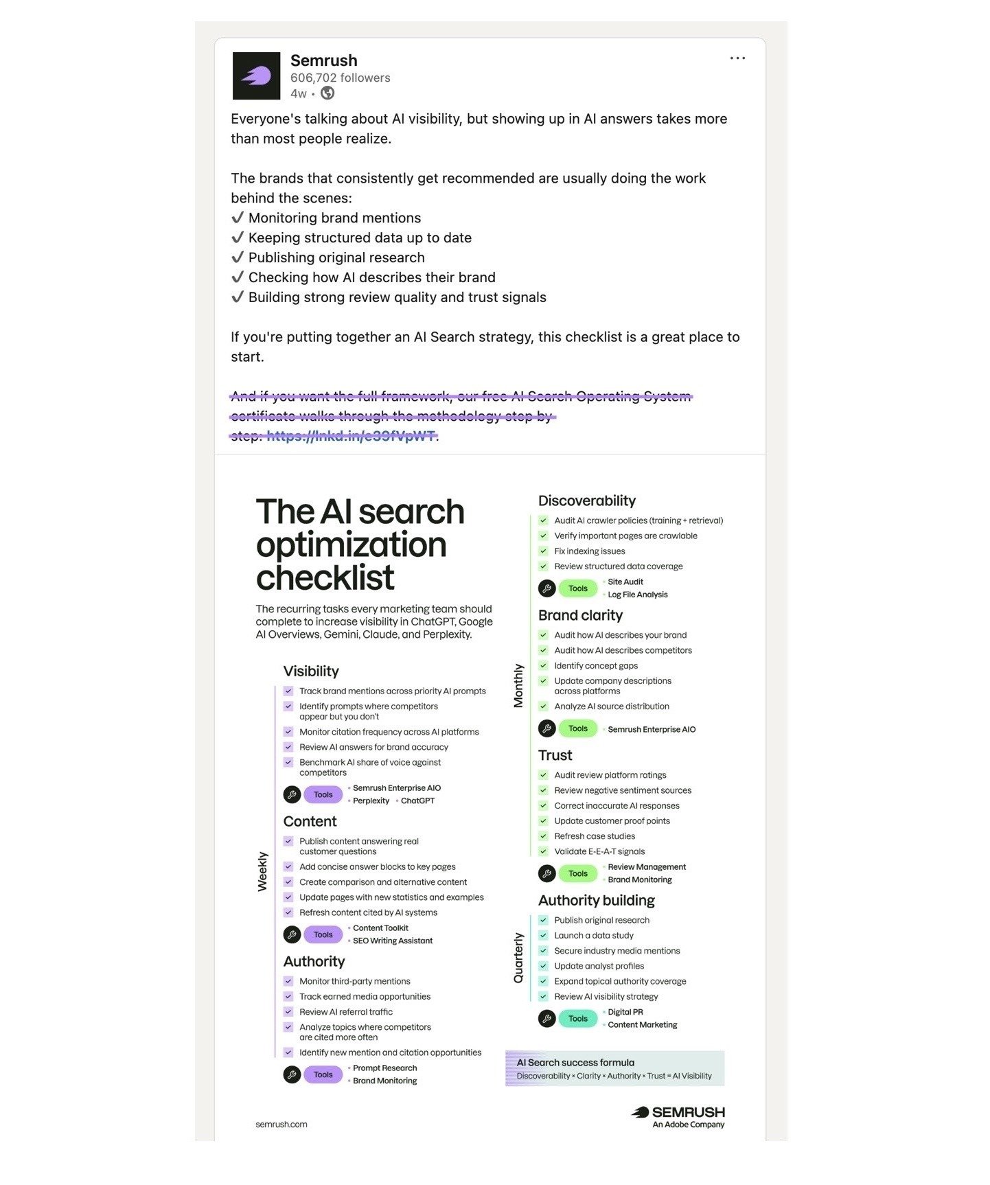A post on LinkedIn by Semrush with the CTA text and link at the bottom struck out.