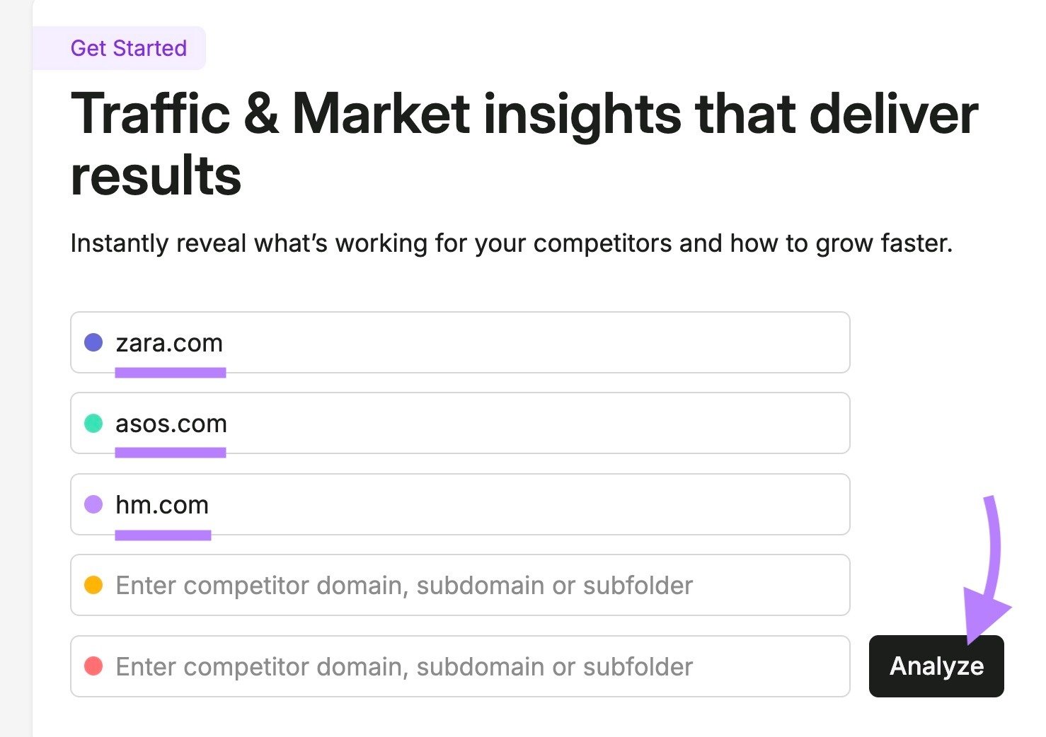 Traffic & Market toolkit with three competing domains entered and "Analyze" clicked.
