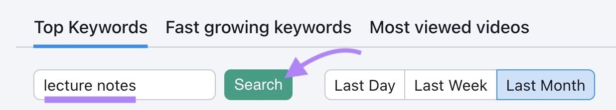 "lecture notes" entered as the term and "Search" clicked on Keyword Analytics for YouTube.