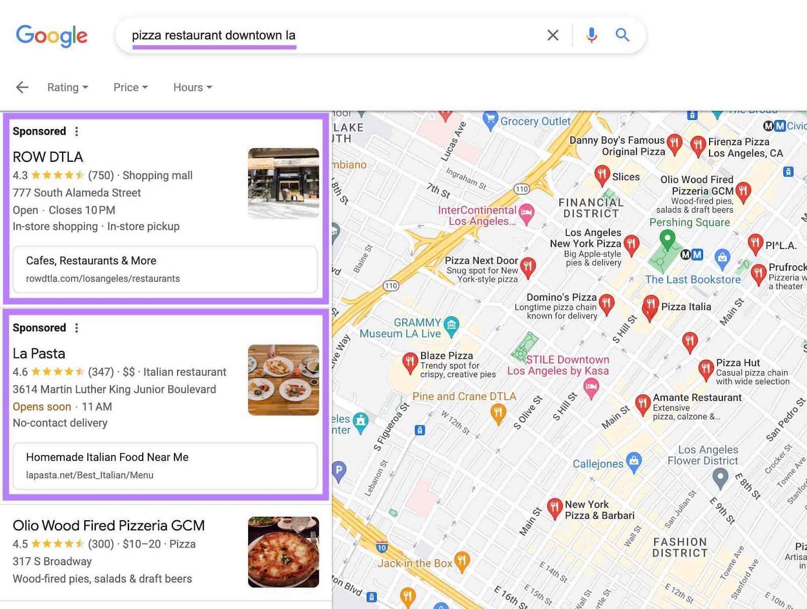 Google results for "pizza restaurant downtown la" showing sponsored results in the local finder.