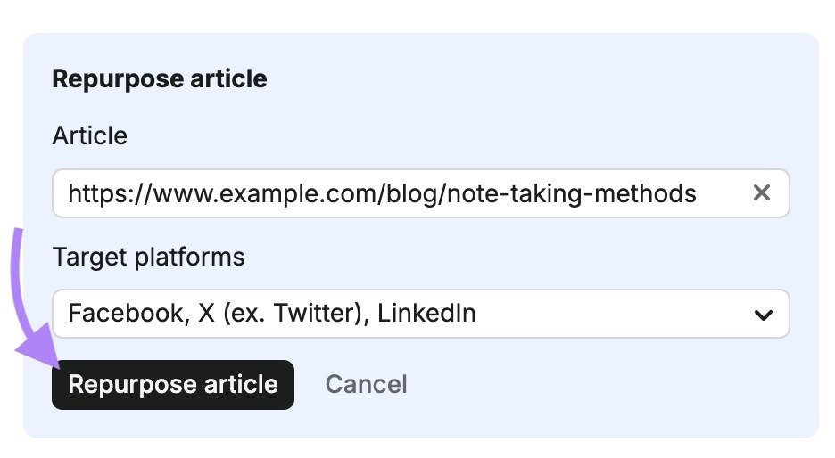 Repurpose article on Content toolkit with an article URL entered, target platforms selected, and "Repurpose article" clicked.