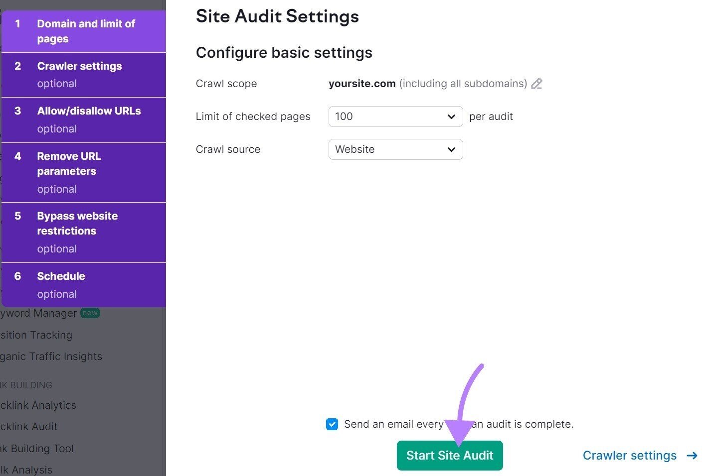 "Site Audit Settings" page