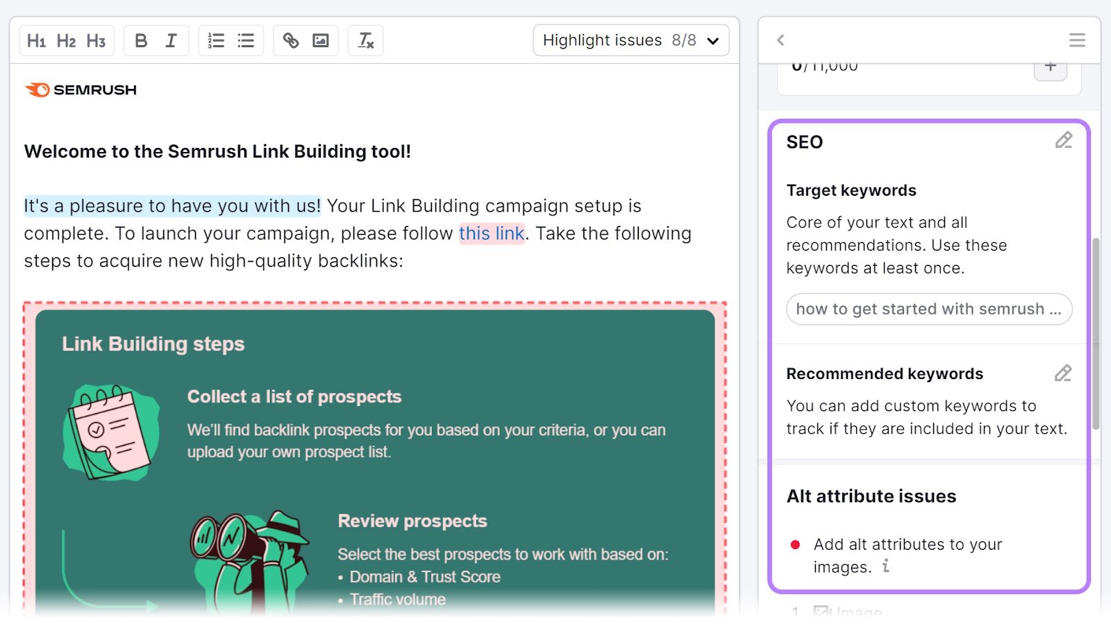 "SEO" recommendations highlighted in SEO Writing Assistant