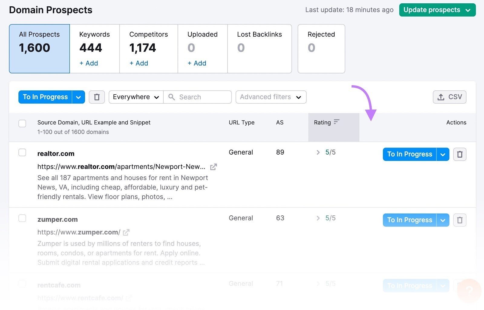 Link Building Tool's "Domain Prospects" page