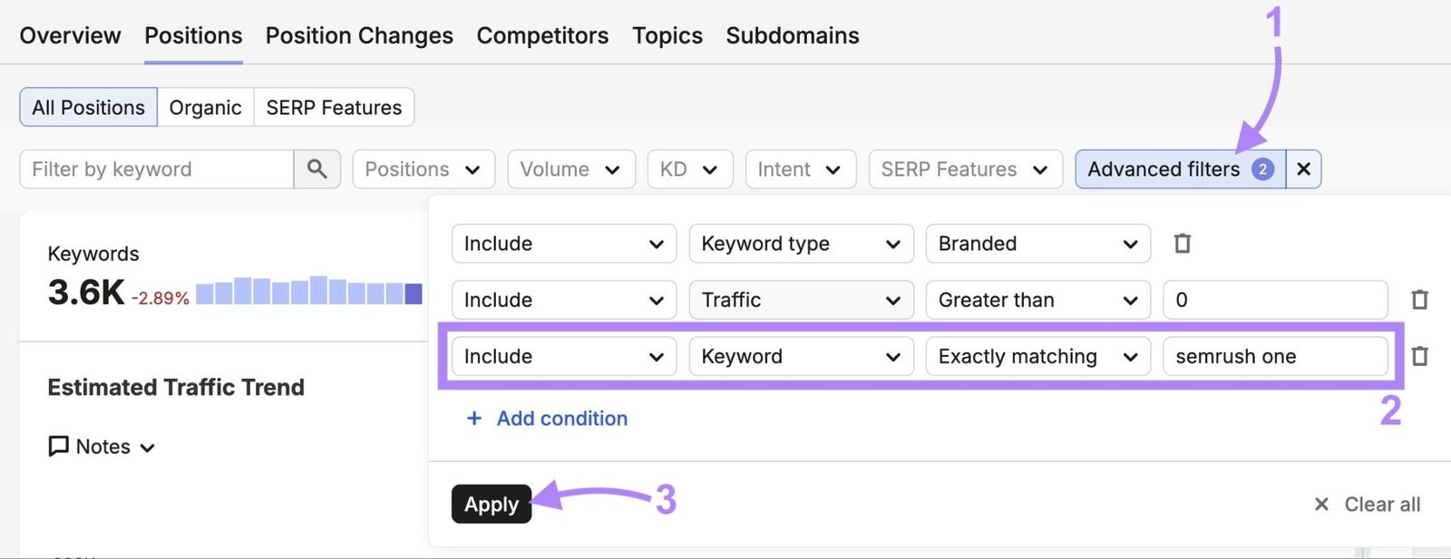 Applying an advanced filter to only show branded keywords related to a recent campaign generating traffic on the Organic Rankings tool.