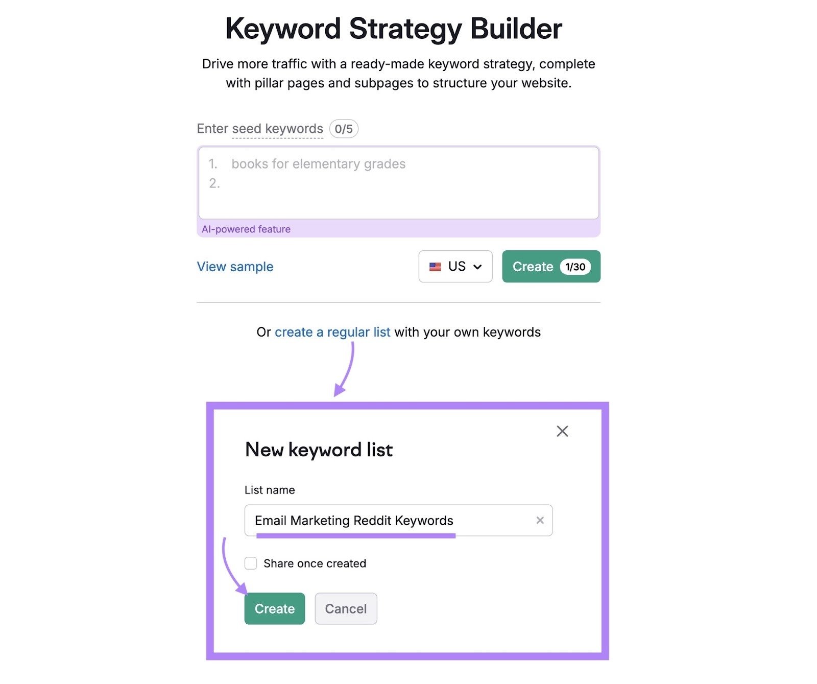 Creating a manual list on Keyword Strategy Builder by giving the list a name and clicking "Create".