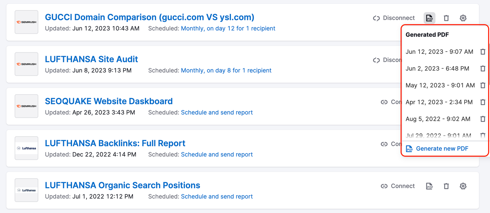 My Reports – a list of all generated reports appears when you click the "PDF" button next to a report.
