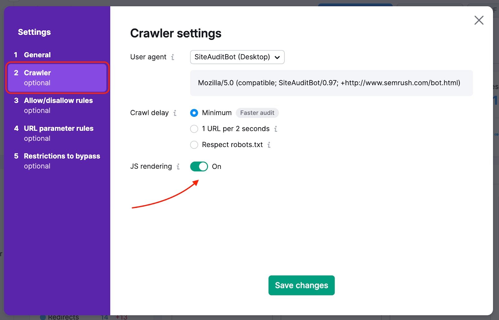 A demonstration on where to enable JavaScript rendering in Site Audit settings. Highlights show the correct tab and settings section.