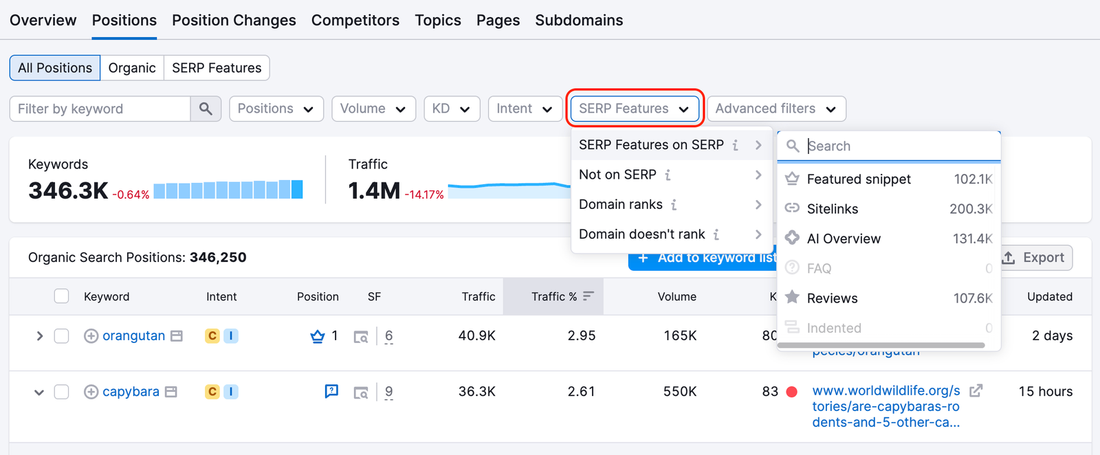 Example of the SERP features filter options.
